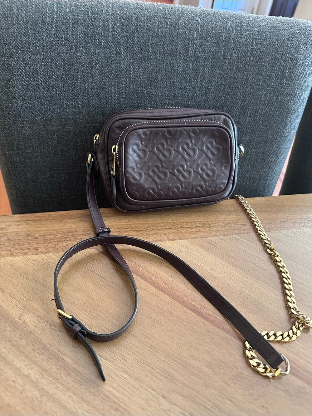 Burberry AUTHENTIC leather TB Monogram Deep Plum Crossbody Bag Gold Chain Accent